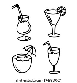 set of different Doodle cocktail. Hand-drawn image for print, sticker, web, various designs. Vector element for the themes of travel, vacation, tourism.