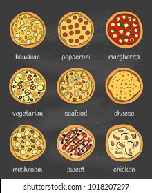 Set of different doodle colored pizza isolated on chalkboard background with names.