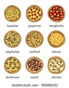 Set of different doodle colored pizza isolated on white background with names.