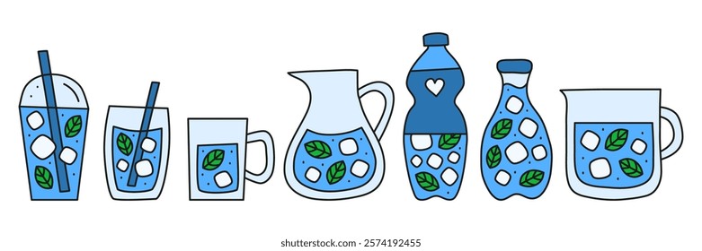 Set of different doodle colored water drinks in plastic bottles, glass cups, jug isolated on white background. Natural water beverages with mint and ice cubes.