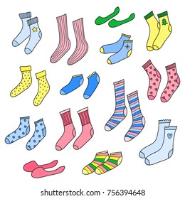 Set of different doodle colorful socks isolated on white background.