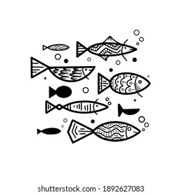 Set of different doodle fish with boho pattern and bubbles. School of fish. Vector lagoon object for postcards, coloring pages, banners and your design.