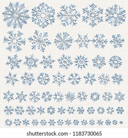 Set of different doodle hand-drawn snowflakes. Scheme of knitting and embroidery. 