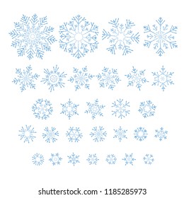 Set of different doodle hand-drawn snowflakes