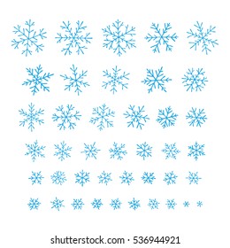 Set of different doodle hand-drawn snowflakes
