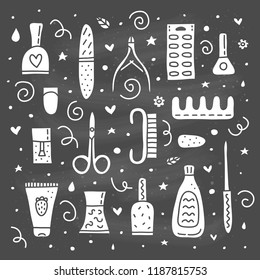 Set of different doodle icons for nail salon isolated on white background.