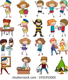 Set of different doodle kids cartoon character illustration