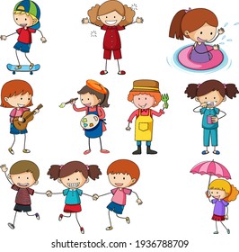 Set Set verschiedener Doodle-Kids-Zeichentrickzeichensatz einzeln einzelne Illustration