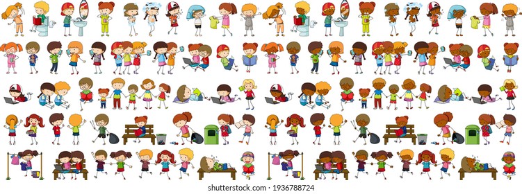 Set of different doodle kids cartoon character illustration