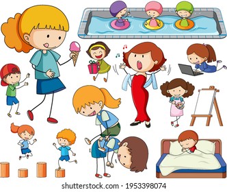 Set of different doodle kids cartoon character illustration