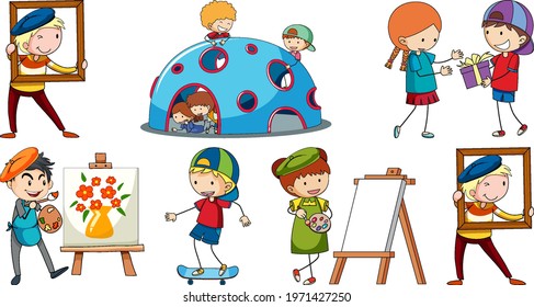 Set of different doodle kids cartoon character illustration