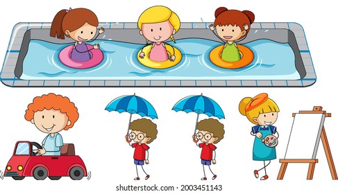 Set of different doodle kids cartoon character illustration