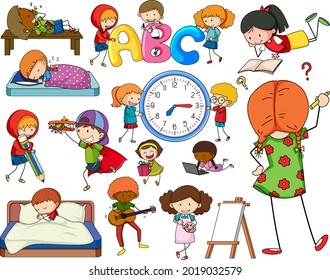 Reihe verschiedener Doodle-Kids-Zeichentabildgrafik