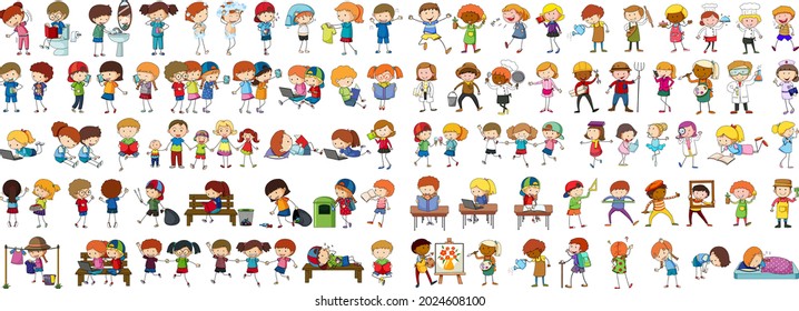 Set Of Different Doodle Kids Cartoon Character Illustration