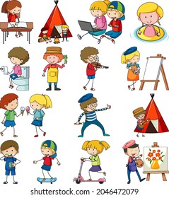 Set of different doodle kids cartoon character illustration