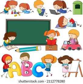 Set of different doodle kids cartoon character isolated illustration