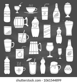 Set of different doodle liquid drinks isolated on the blackboard.