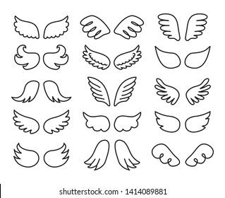 Set of different doodle outline angel wings isolated on white background.