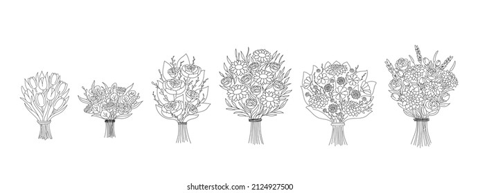 	
Set of different doodle outline bouquets. Collection of various blooming plants with stems and leaves isolated on white. Floral decoration or gift