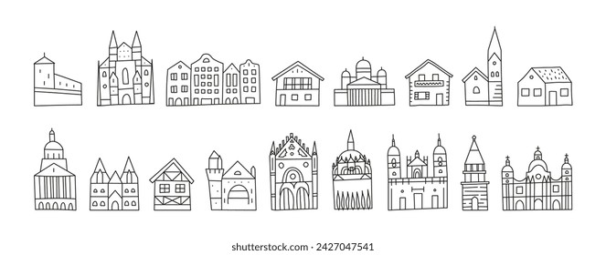 Set of different doodle outline buildings, houses, castles, churches and Cathedrals isolated on white background. Old and modern city architecture.