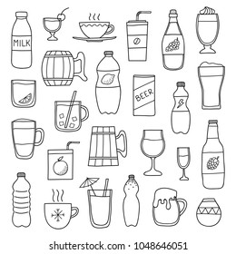 Set of different doodle outline liquid drinks isolated on white background.