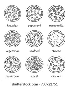 Conjunto de diferentes formas de garabatos de pizza aisladas en fondo blanco con nombres.