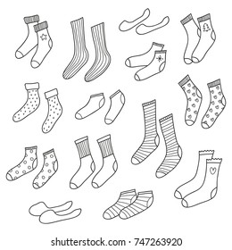 Set different doodle outline socks isolated white background 