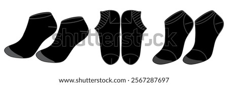 Set of different doodle outline socks isolated on white background illustration drawing template mock up, Liner ped anklet socks cad drawing for men's and women's