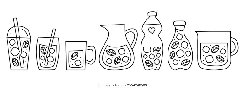 Set of different doodle outline water drinks in plastic bottles, glass cups, jug isolated on white background. Natural water beverages with mint and ice cubes.