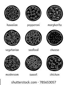 Set of different doodle pizza isolated on white background with names.
