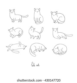 Set of different doodle poses cat. Pets. Hand drawing isolated objects on white background. Vector illustration.