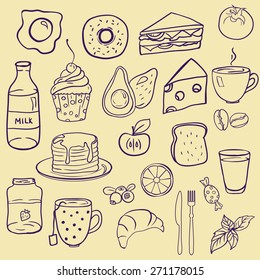 Set of different doodle style food