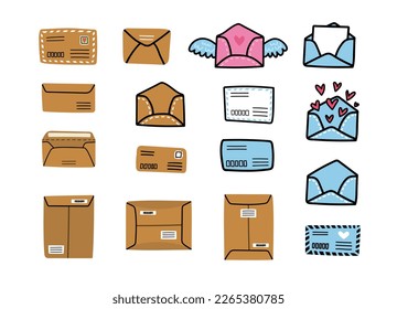 Set of different doodle style postal envelopes and mailing stationery goods isolated on white. Doodle style hand drawn blue and paper craft letter envelopes, business document file folders bundle.