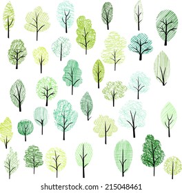 set of different doodle trees, vector illustration