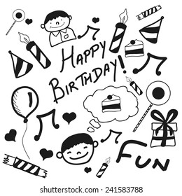 Set of different doodles for Happy Birthday on white background.