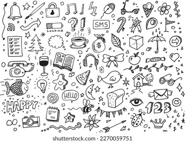 Set of different doodles, vector hand drawing on white paper