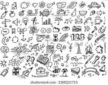 Set of different doodles, vector hand drawn sign and symbol elements
