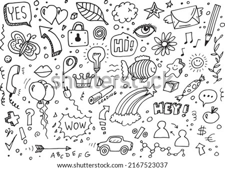 Set of different doodles, vector hand drawing on white paper