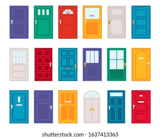 Set of different doors in cartoon flat style vector illustration. Bright various styles and designs of doorways design. Exterior concept. Isolated on white background