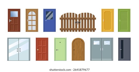 Set of different doors, featuring designs in wood, glass, and various colors, interior decor options.