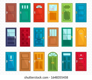 Set of different doors on simple brickwall vector illustration. Various colourful entrances in cartoon flat design. Differ styles and epochs on white blocks texture. Exterior art concept