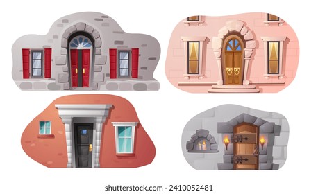 Set of different doors and walls 3D style, vector illustration isolated on white background. Decorative design elements for online games collection, stone and brick, entrance
