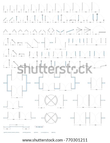 Set of different doors and windows with dimensions in plan view.  Vector drawing.  Isolated doors in the top view.  Architectural scheme.