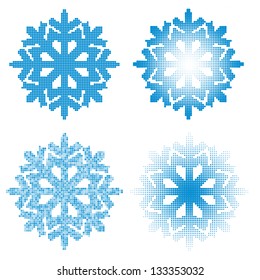 Set aus verschiedenen gepunkteten Schneeflocken einzeln auf weißem Hintergrund.