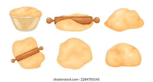 Set of different dough. Rolled out dough with a rolling pin for baking, pizza, bread.