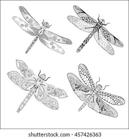 Set of different dragonflys. Black white hand drawn doodle animal. Ethnic patterned vector illustration. Sketch for coloring page, decoration, tattoo, poster, print, t-shirt