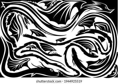 A set of different dragons on a white background. Wallpaper on the wall in the children's room and for other purposes. Vector illustration.