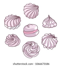 Set of different drawn cartoon meringues zephyrs pastries cupcakes snacks cream. Dessert. Sweets and candies.  Vector illustration. 