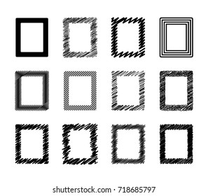 Set of different drawn scribble rectangle frames grunge effect. For covers, flyers, cards,  decoration. Vector illustration.