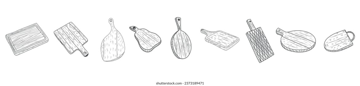 Set of different drawn wooden cutting boards on white background